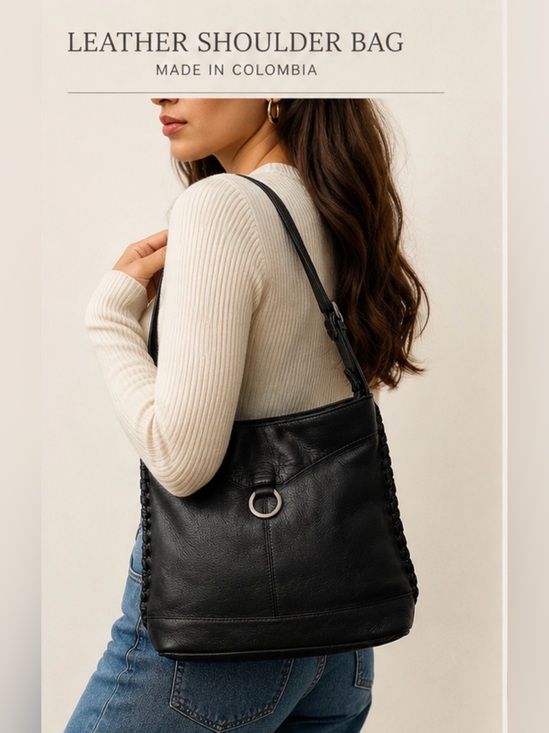 Vintage Handbags - Vintage Black Genuine Leather Shoulder Bag Made in Colombia Braided Trim